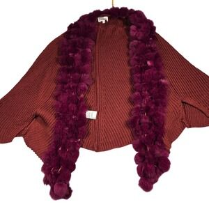 Emma G Burgundy Wool Blend Rib Knit Cardigan Dyed Rabbit Fur Trim Women Medium